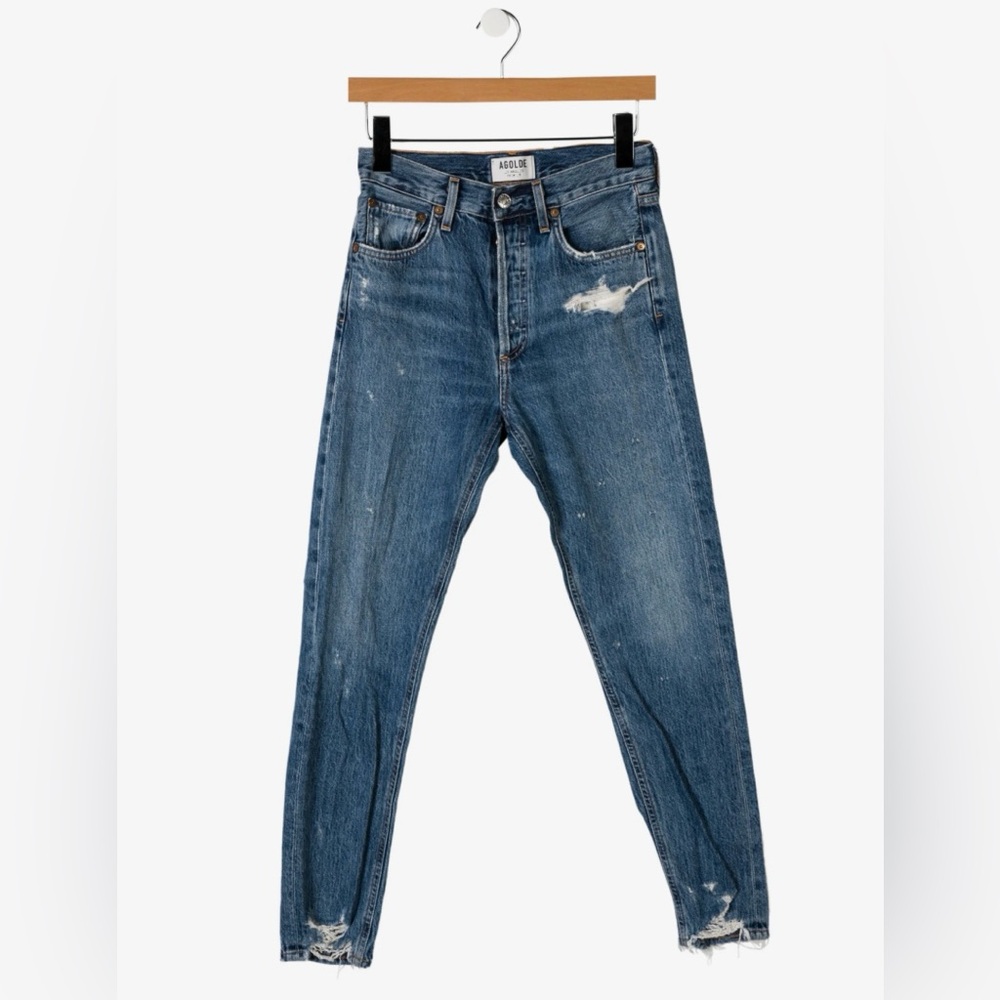 AGOLDE Riley crop jeans in blue wash with raw hem